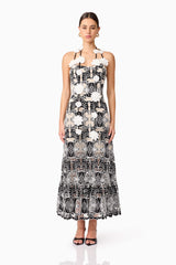 Brunette model wearing Jolie Floral Midi Dress in Black front shot