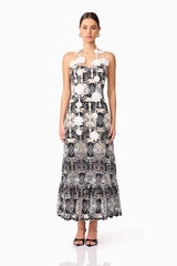 Brunette model wearing the Jolie Floral Midi Dress in Black front shot 