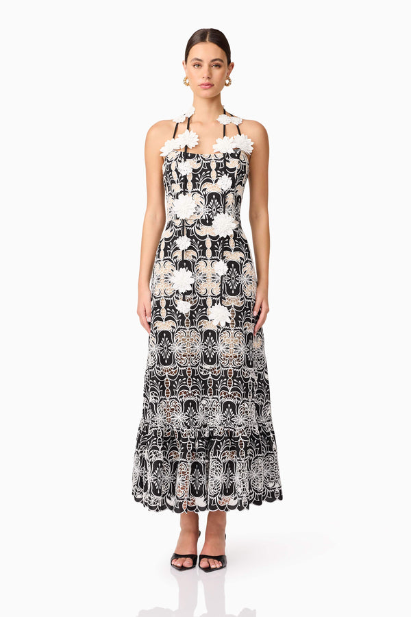Brunette model wearing Jolie Floral Midi Dress in Black front shot