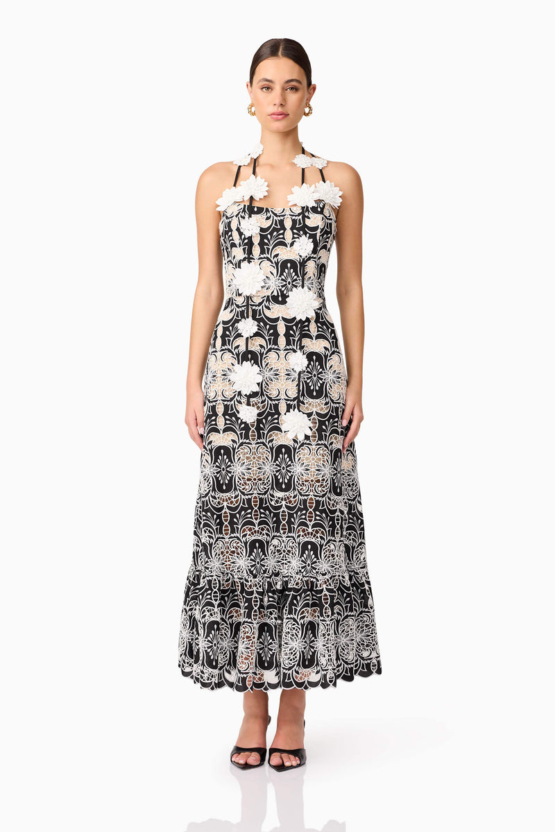 Brunette model wearing Jolie Floral Midi Dress in Black front shot