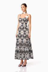 Brunette model wearing Jolie Floral Midi Dress in Black side shot
