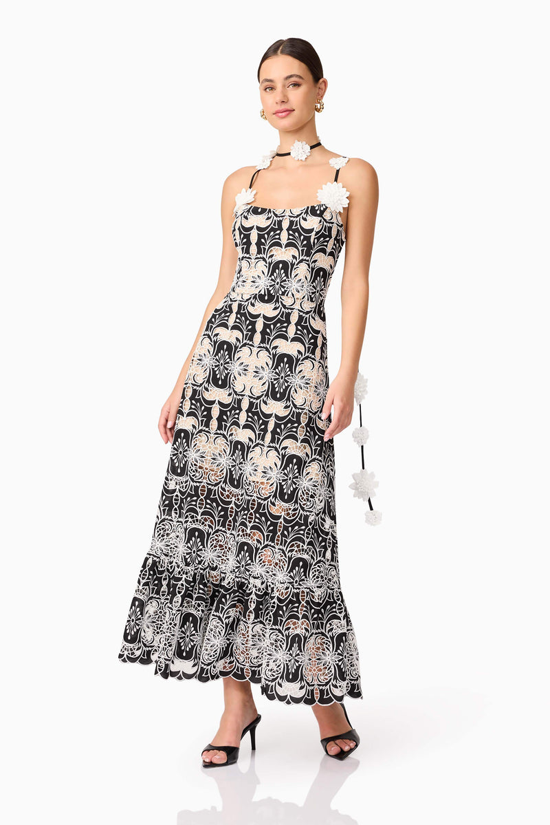 Brunette model wearing Jolie Floral Midi Dress in Black posed shot