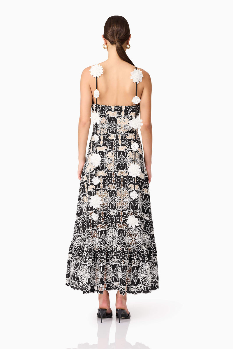 Brunette model wearing Jolie Floral Midi Dress in Black back shot
