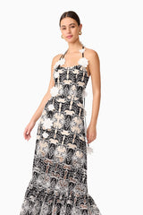 Brunette model wearing Jolie Floral Midi Dress in Black close up shot