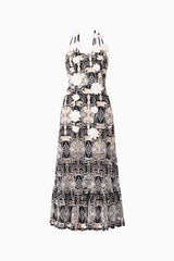 Brunette model wearing Jolie Floral Midi Dress in Black ghost imagery