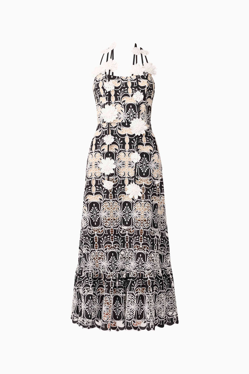 Brunette model wearing Jolie Floral Midi Dress in Black ghost imagery