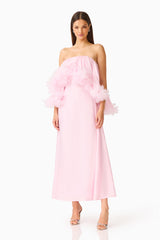 Fiorina Floral Applique Gown in Pale Pink with strapless neckline and a floral trim posed shot