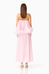 Fiorina Floral Applique Gown in Pale Pink with zipper back and a floral trim back shot