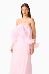 Fiorina Floral Applique Gown in Pale Pink with strapless neckline and a floral trim close up shot