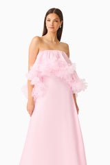 Fiorina Floral Applique Gown in Pale Pink with strapless neckline and a floral trim close up posed shot