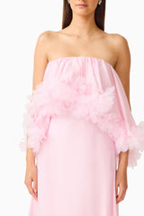 Fiorina Floral Applique Gown in Pale Pink with strapless neckline and a floral trim detail shot