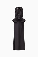 Fiorina Halter Gown in Black with a plunging neckline & peplum detailing ghost shot