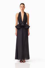 Fiorina Halter Gown in Black 
with a plunging neckline & peplum detailing front shot