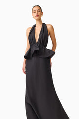 Fiorina Halter Gown in Black with a plunging neckline & peplum detailing close up shot