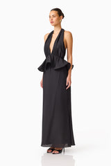 Fiorina Halter Gown in Black with a plunging neckline & peplum detailing side shot