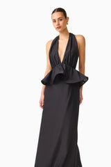 Fiorina Halter Peplum Gown in Black with a plunging neckline & peplum detailing close up shot