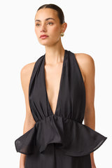 Fiorina Halter Peplum Gown in Black with a plunging neckline & peplum detailing detail shot