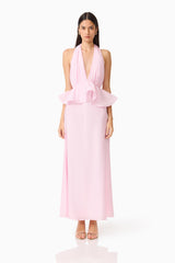 Fiorina Halter Neck Gown in Pale Pink with  peplum detailing font shot
