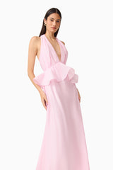 Fiorina Halter Neck Gown in Pale Pink with  peplum detailing close up shot