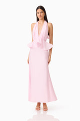 Fiorina Halter Neck Gown in Pale Pink with  peplum detailing posed shot