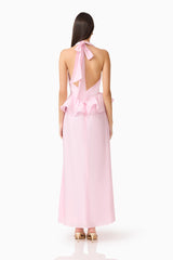 Fiorina Halter Neck Gown in Pale Pink with  peplum detailing & low back, back shot