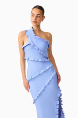 Floriana Asymmetric Gown in Cornflower Blue with ruffle trimming close-up posed shot