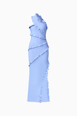Floriana Asymmetric Gown in Cornflower Blue with ruffle trimming ghost shot