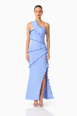 Floriana Asymmetric Gown in Cornflower Blue with ruffle trim detailing front shot 