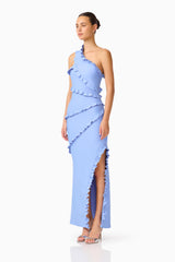 Floriana Asymmetric Gown in Cornflower Blue with ruffle trimming side shot 