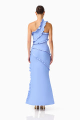Floriana Asymmetric Gown in Cornflower Blue with ruffle trimming back shot 