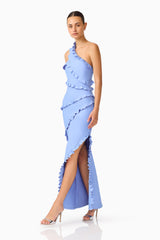 Floriana Asymmetric Gown in Cornflower Blue with ruffle trimming posed shot 