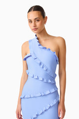 Floriana Asymmetric Gown in Cornflower Blue with ruffle trimming detailed shot 
