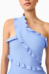 Floriana Asymmetric Gown in Cornflower Blue with ruffle trimming close-up detailed shot 