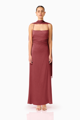 Calista Neck Scarf Gown in Burgundy with square cowl neckline & textured satin fabrication front shot