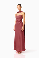 Calista Neck Scarf Gown in Burgundy with square cowl neckline & textured satin fabrication side shot