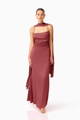 Calista Neck Scarf Gown in Burgundy with square cowl neckline & textured satin fabrication posed shot