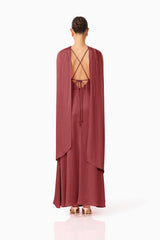 Calista Neck Scarf Gown in Burgundy with tie back & textured satin fabrication back shot