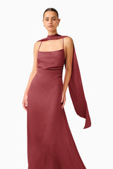 Calista Neck Scarf Gown in Burgundy with square cowl neckline & textured satin fabrication close up shot