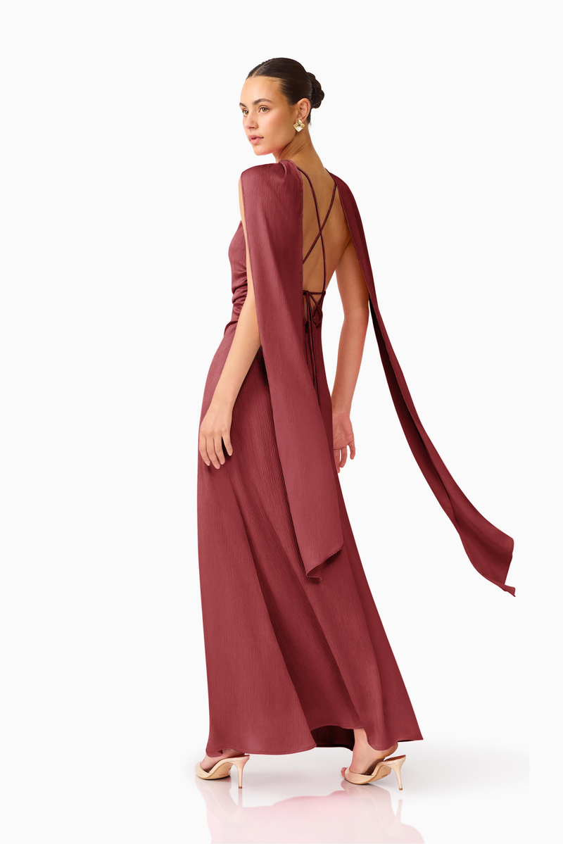 Calista Neck Scarf Gown in Burgundy