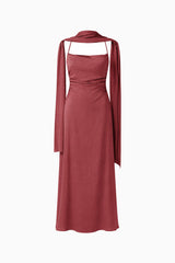 Calista Neck Scarf Gown in Burgundy with square cowl neckline & textured satin fabrication ghost shot