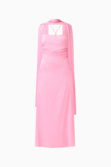 Calista Neck Scarf Gown in Pink with square cowl neckline & texted satin fabrication ghost shot