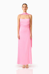Calista Neck Scarf Gown in Pink with square cowl neckline & texted satin fabrication front shot