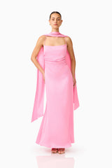 Calista Neck Scarf Gown in Pink with square cowl neckline & texted satin fabrication posed hand on hip shot