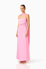 Calista Neck Scarf Gown in Pink with square cowl neckline & texted satin fabrication side shot