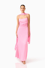 Calista Neck Scarf Gown in Pink with square cowl neckline & texted satin fabrication posed shot