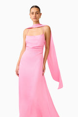 Calista Neck Scarf Gown in Pink with square cowl neckline & texted satin fabrication close up shot