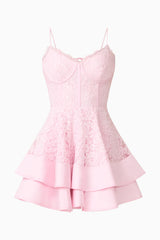 Fiorina Tiered Mini Dress in Pale Pink with lace  trim & v-neckline ghost shot