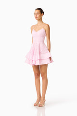 Fiorina Tiered Mini Dress in Pale Pink with lace  trim & v-neckline side shot