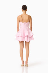 Fiorina Tiered Mini Dress in Pale Pink with lace trim & open back back shot