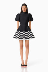Ninette Puff Sleeve Mini Dress in Black & White with high neckline & knit fabrication front shot